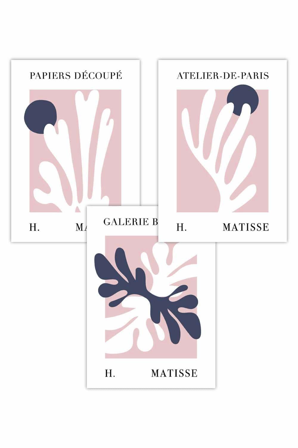 Set of 3 Matisse Floral Cut Out Style in Blue & Pink Art Posters